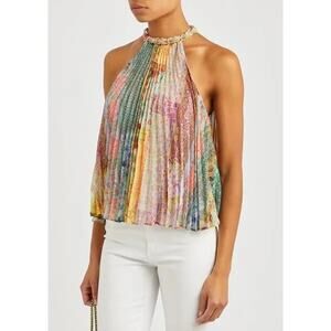 Alice + Olivia Alycia Printed Pleated Chiffon Top Orange Green Small